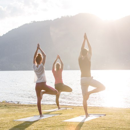 Mit viele Geschick balanciert die Yogaklasse bei dieser Übung in der Sonne am Ufer des Tegernsees, © Hansi Heckmair