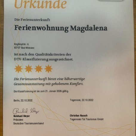 Klassifizierungsurkunde Ferienwohnung Magdalena, © im-web.de/ Tourist-Information Bad Wiessee