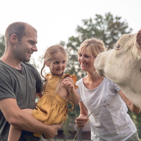 Familie streichelt Kuh, © Der Tegernsee, Julian Rohn