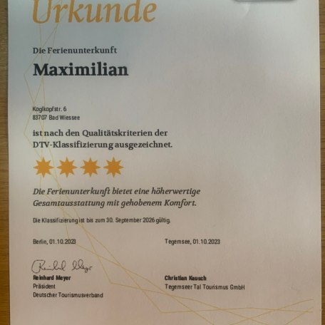 Klassifizierungsurkunde Ferienwohnung Maximilian, &copy; im-web.de/ Tourist-Information Bad Wiessee